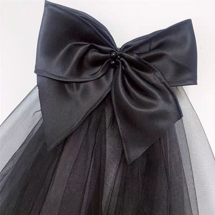 Gothic Black Wedding Veil with Embroidered Lace and Bow Detail - WonderlandByLilian