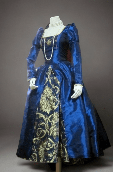 Gothic Blue Regency Era Queen Dress - Blue and Red Satin Jacquard Ball Gown with Corset - Plus Size - WonderlandByLilian