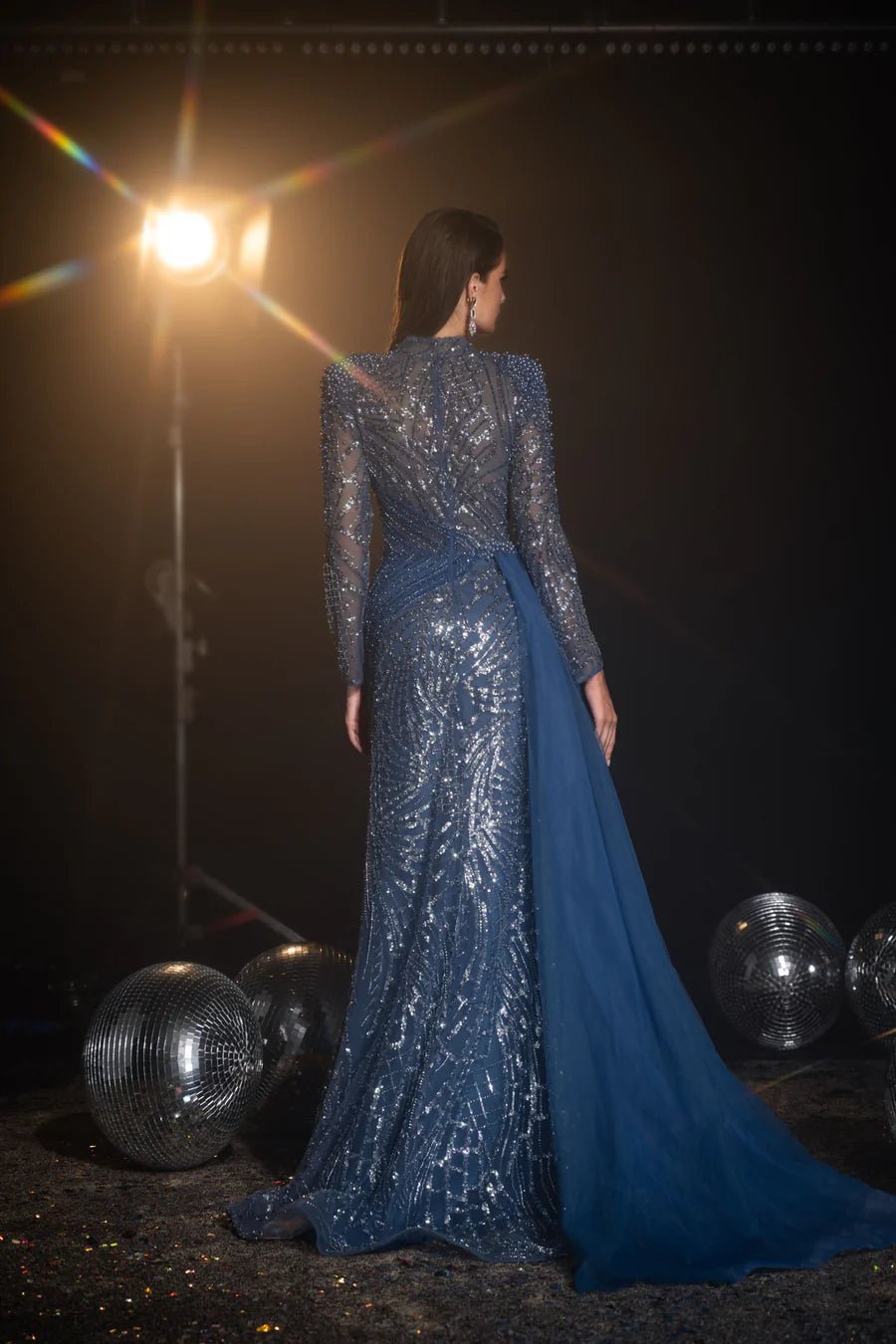 Gothic Blue Sequin Evening Gown with Long Sleeves and Cape Overlay Dress - Designer Sequin Gown Plus Size - WonderlandByLilian