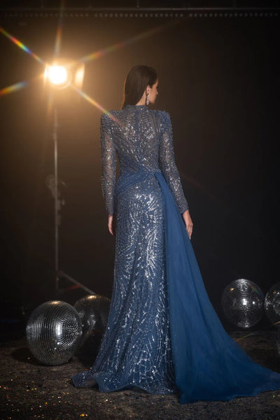 Gothic Blue Sequin Evening Gown with Long Sleeves and Cape Overlay Dress - Designer Sequin Gown Plus Size - WonderlandByLilian