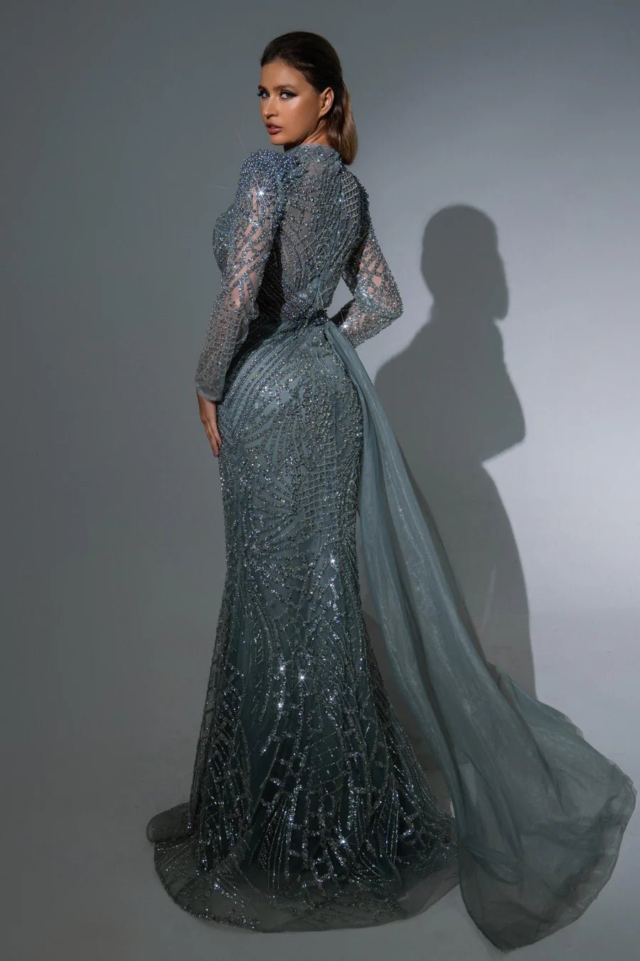 Gothic Blue Sequin Evening Gown with Long Sleeves and Cape Overlay Dress Designer Sequin Gown Plus Size US 22 Blue