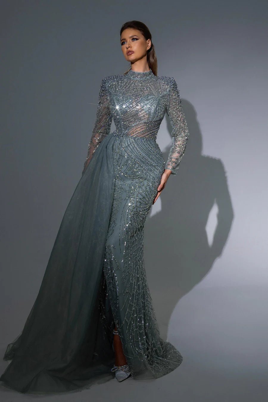 Gothic Blue Sequin Evening Gown with Long Sleeves and Cape Overlay Dress - Designer Sequin Gown Plus Size - WonderlandByLilian