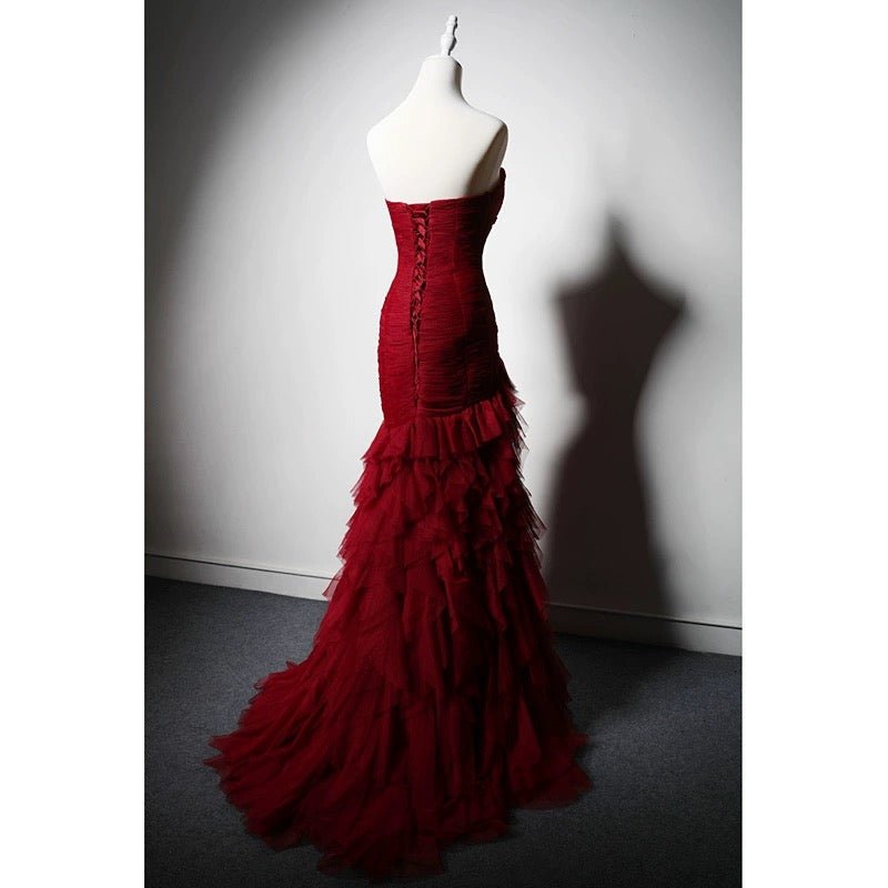Gothic Burgundy Mermaid Wedding Dress with Ruffled Tulle - Elegant Bri WonderlandByLilian Gothic Burgundy Mermaid Wedding Dress with Ruffled Tulle - Elegant Bri WonderlandByLilian