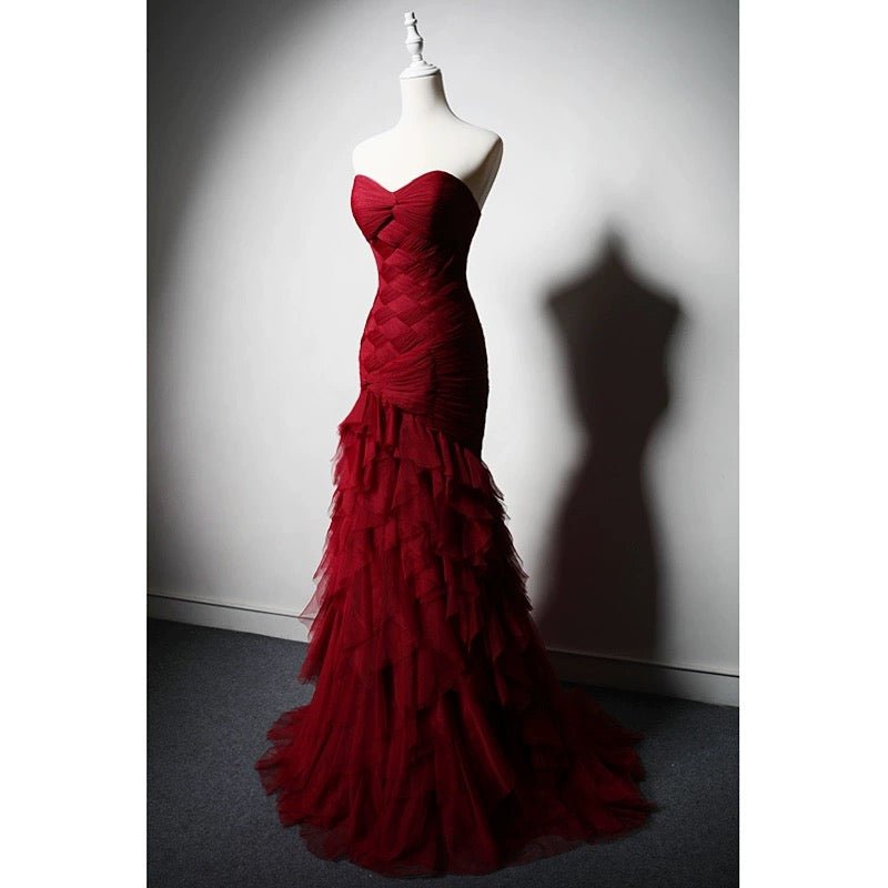 Gothic Burgundy Mermaid Wedding Dress with Ruffled Tulle - Elegant Bri WonderlandByLilian Gothic Burgundy Mermaid Wedding Dress with Ruffled Tulle - Elegant Bri WonderlandByLilian
