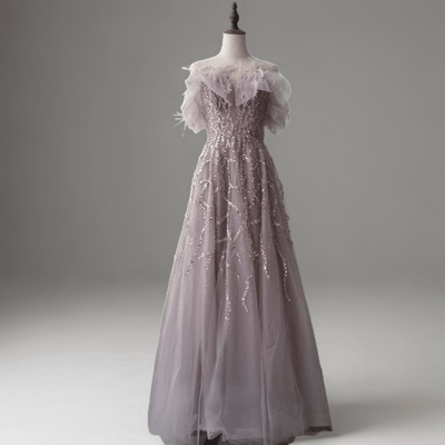 Gothic Burgundy Off-Shoulder Evening Gown - Strapless Glitter Dress - Pretty Sequin Dress with Feather Details Plus Size - WonderlandByLilian