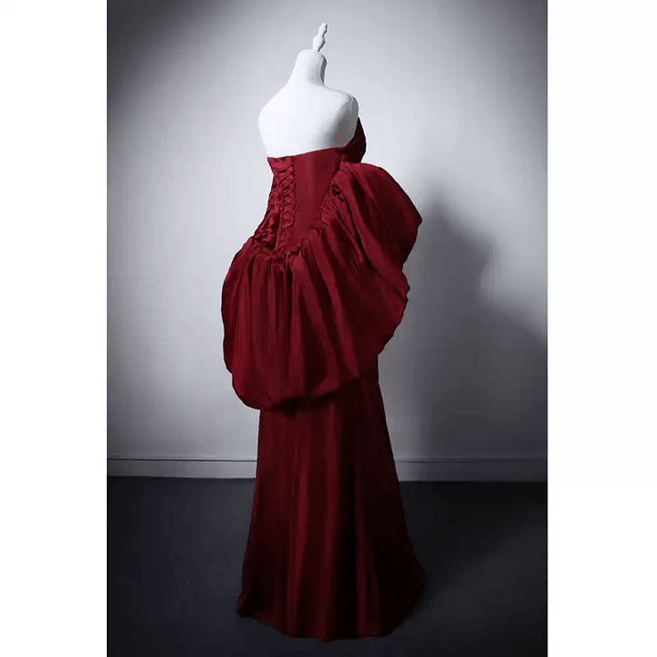 Gothic Burgundy Red Evening Gown with Dramatic Puff Sleeves - Red Evening Gown with Corset Back Plus Size - WonderlandByLilian