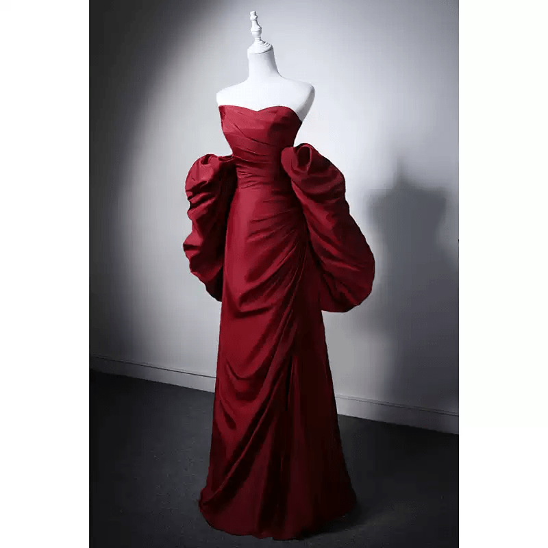 Gothic Burgundy Red Evening Gown with Dramatic Puff Sleeves - Red Evening Gown with Corset Back Plus Size - WonderlandByLilian