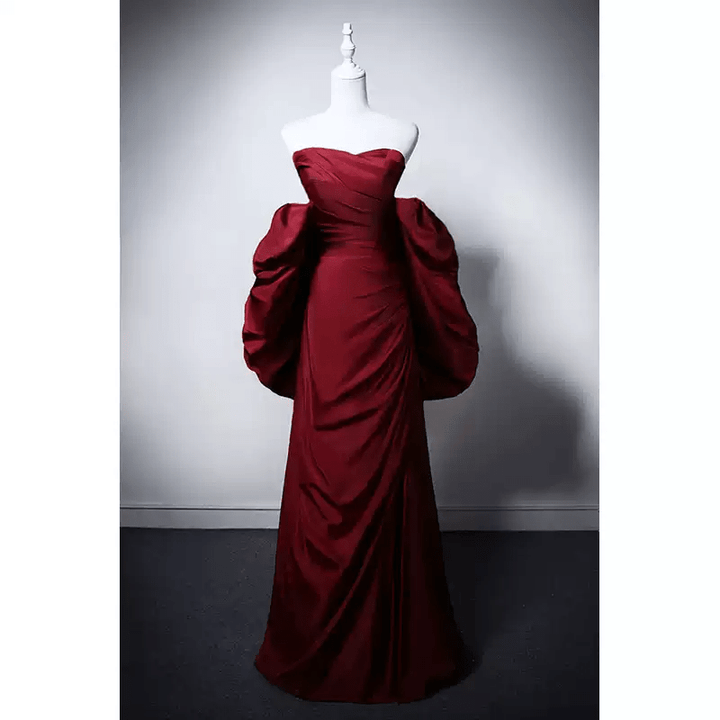 Gothic Burgundy Red Evening Gown with Dramatic Puff Sleeves - Red Evening Gown with Corset Back Plus Size - WonderlandByLilian