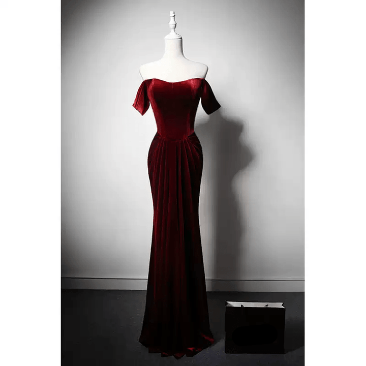 Gothic Burgundy Red Off - Shoulder Velvet Evening Gown - Red Evening Dress with Draped Skirt Plus Size Dress - WonderlandByLilian