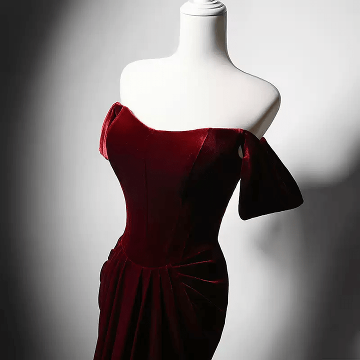 Gothic Burgundy Red Off - Shoulder Velvet Evening Gown - Red Evening Dress with Draped Skirt Plus Size Dress - WonderlandByLilian