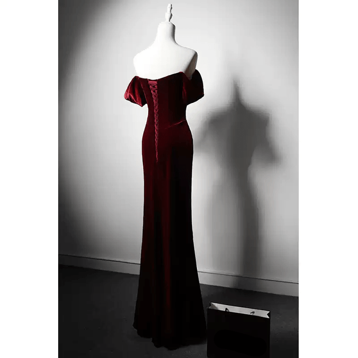 Gothic Burgundy Red Off - Shoulder Velvet Evening Gown - Red Evening Dress with Draped Skirt Plus Size Dress - WonderlandByLilian