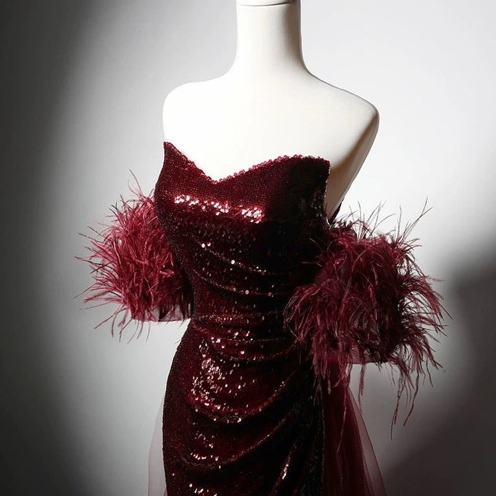 Gothic Burgundy Sequin Wedding Dress with Feathered Sleeves - Gothic Red Eevning Gown with TullePlus Size - WonderlandByLilian