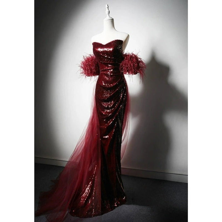 Gothic Burgundy Sequin Wedding Dress with Feathered Sleeves - Gothic Red Eevning Gown with TullePlus Size - WonderlandByLilian