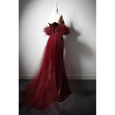 Gothic Burgundy Sequin Wedding Dress with Feathered Sleeves - Gothic Red Eevning Gown with TullePlus Size - WonderlandByLilian