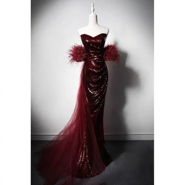 Gothic Burgundy Sequin Evening Dress with Feathered Sleeves