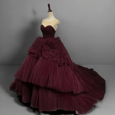 Gothic Burgundy Tiered Tulle Wedding Dress with Floral Appliqué - Elegant Corset Back Tiered Gown Plus Size - WonderlandByLilian