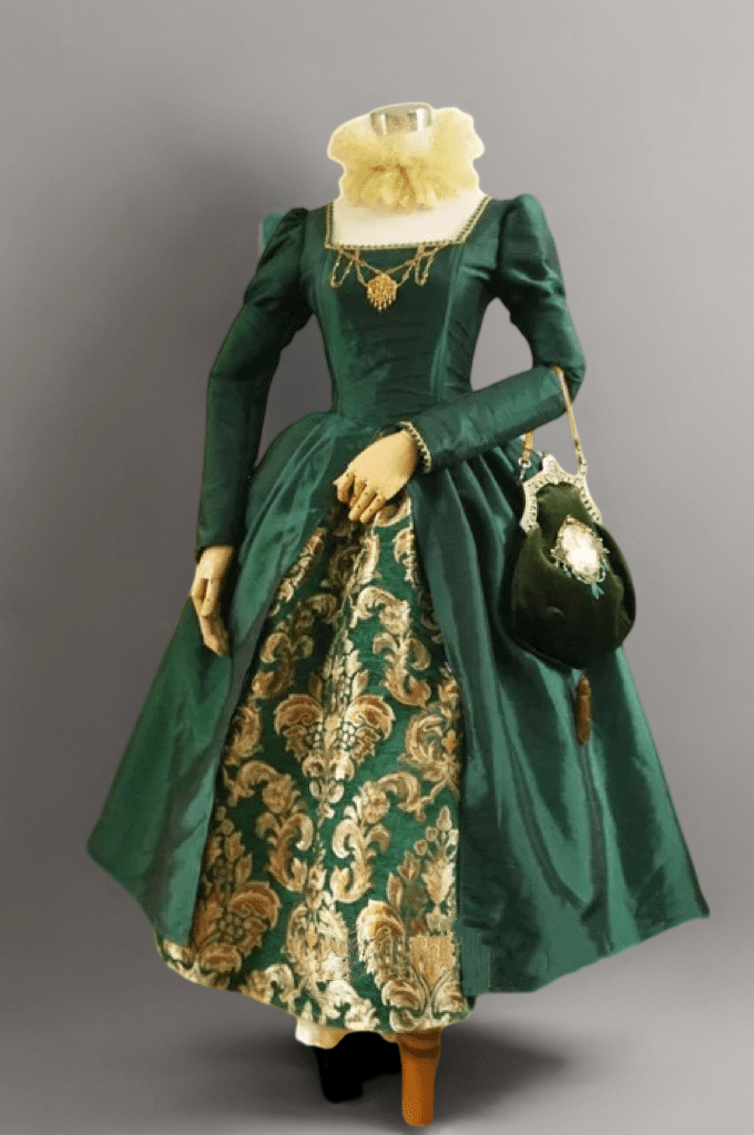 Gothic Dark Green Regency Era Queen Dress - Gold and Green Satin Jacquard Ball Gown with Corset - Plus Size - WonderlandByLilian