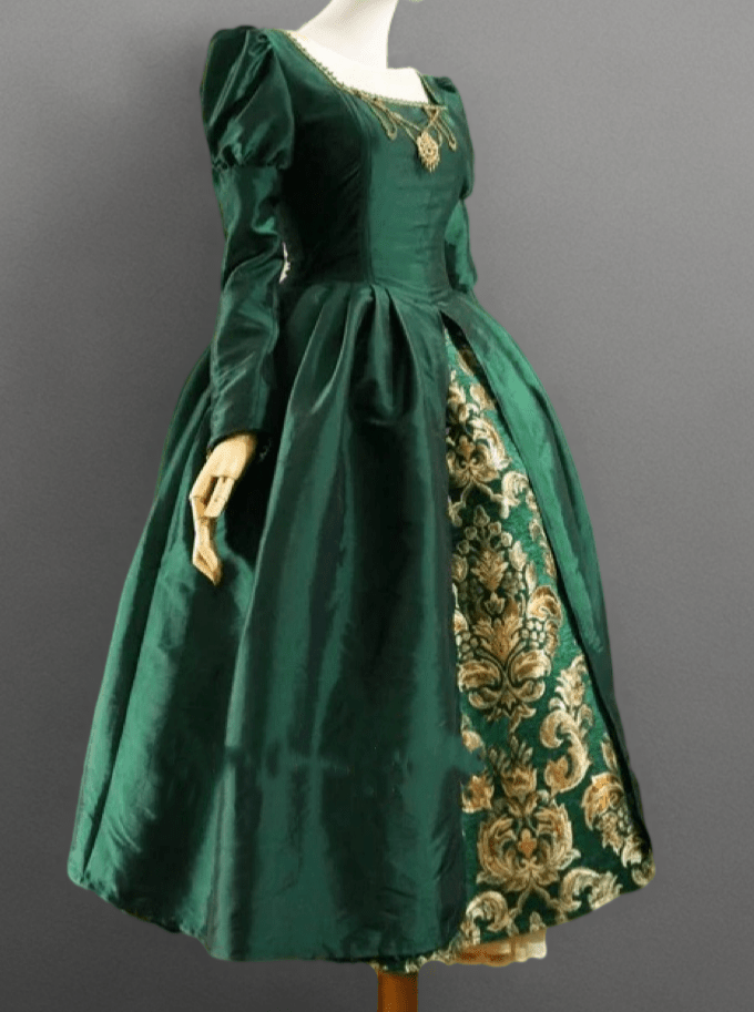 Gothic Dark Green Regency Era Queen Dress - Gold and Green Satin Jacquard Ball Gown with Corset - Plus Size - WonderlandByLilian