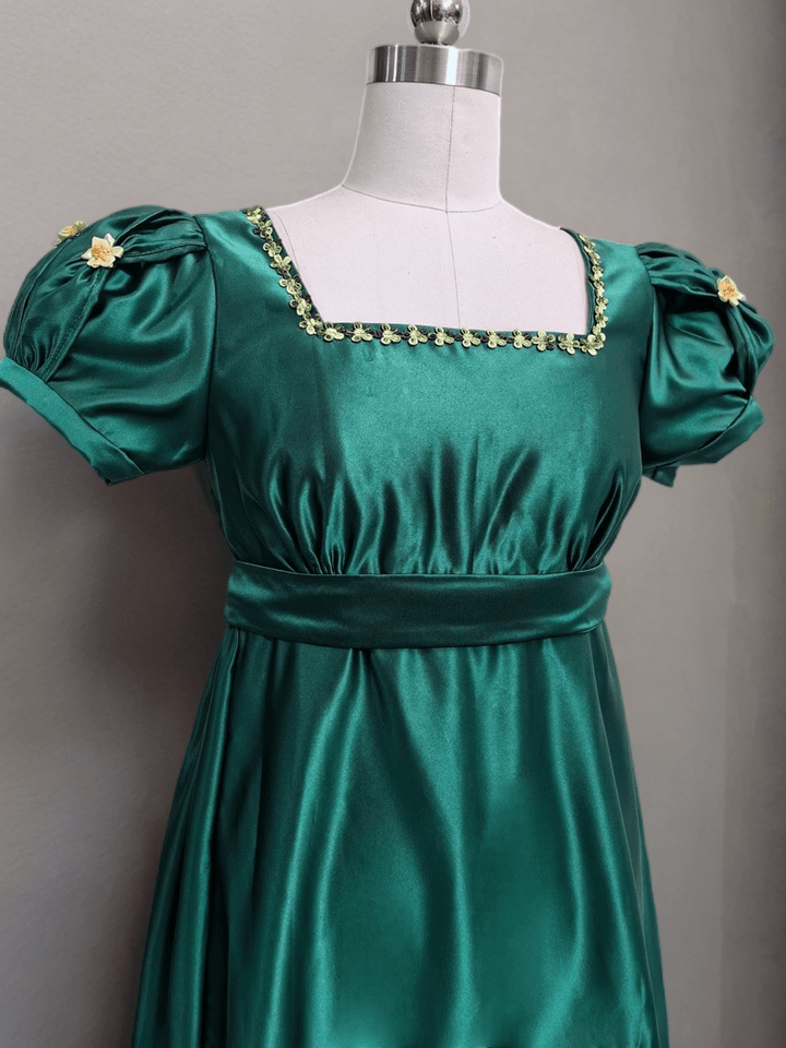 Gothic Deep Green Bridgerton Inspired Regency Dress Women - Green Bridgerton Dress with Bow Tie Belt Plus Size - WonderlandByLilian