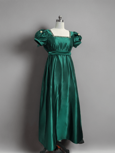 Gothic Deep Green Bridgerton Inspired Regency Dress Women - Green Bridgerton Dress with Bow Tie Belt Plus Size - WonderlandByLilian