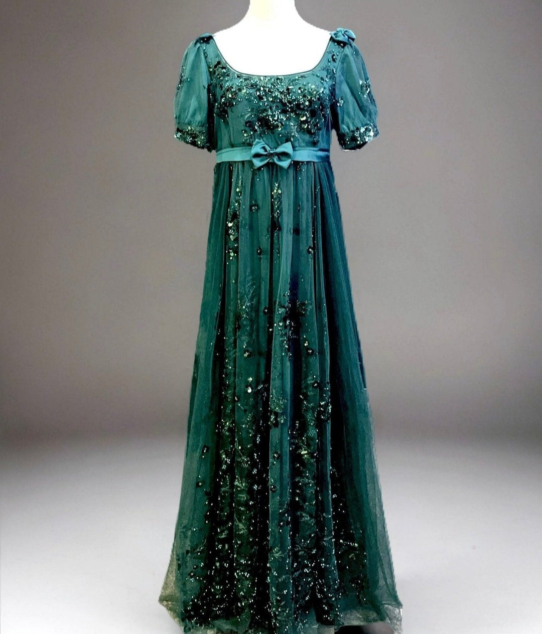 Gothic Emerald Regency Era Embroidered Dress with Bow - Empire Waist Tulle Gown Plus Size - WonderlandByLilian