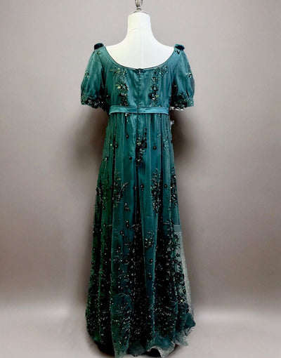 Gothic Emerald Regency Era Embroidered Dress with Bow - Empire Waist Tulle Gown Plus Size - WonderlandByLilian