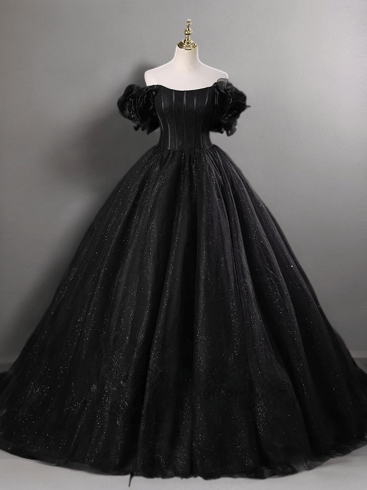 Gothic Floral Black Wedding Dress - Corset Back Wedding Dress with Sparkling Tulle Skirt Plus Size - WonderlandByLilian