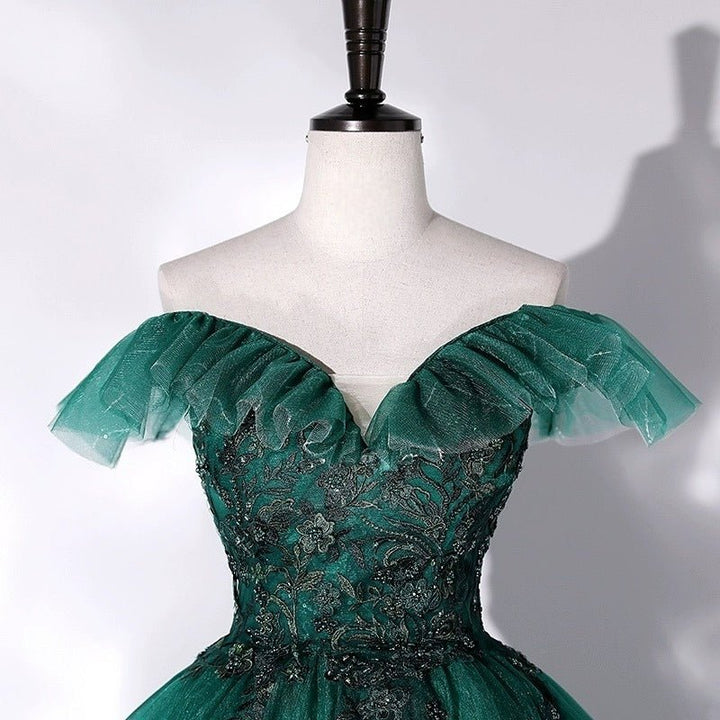 Gothic Forest Green Evening Gown with Cinched Waist - Off-Shoulder Evening Dress with Tulle Plus Size - WonderlandByLilian