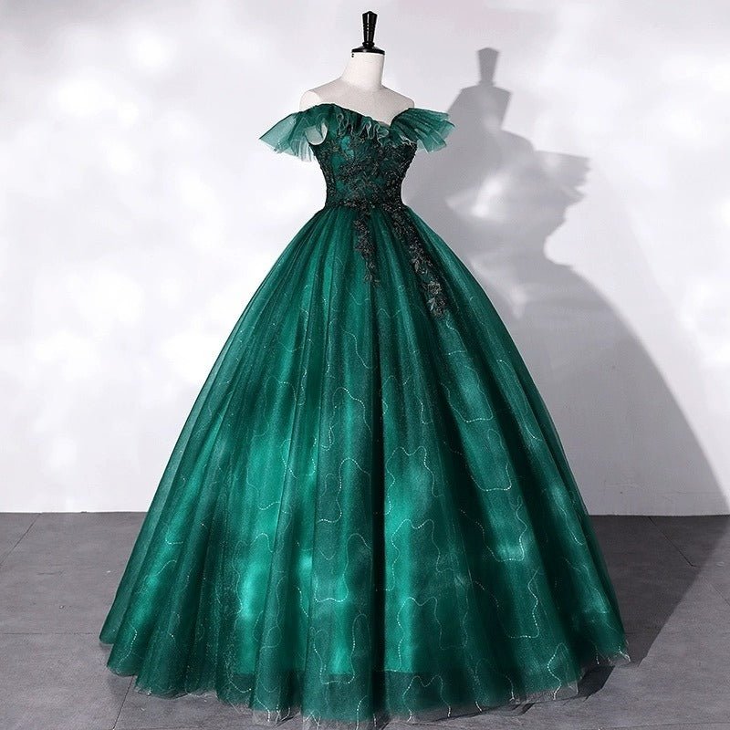 Gothic Forest Green Evening Gown with Cinched Waist - Off-Shoulder Evening Dress with Tulle Plus Size - WonderlandByLilian