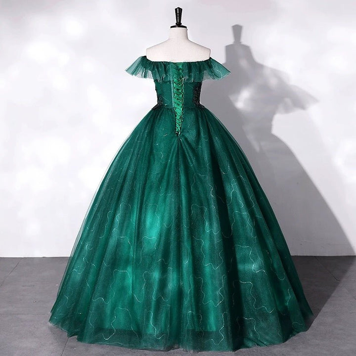 Gothic Forest Green Evening Gown with Cinched Waist - Off-Shoulder Evening Dress with Tulle Plus Size - WonderlandByLilian