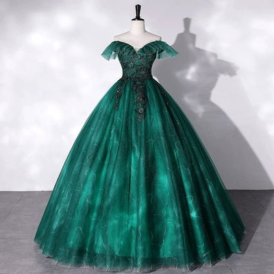 Gothic Forest Green Evening Gown with Cinched Waist - Off-Shoulder Evening Dress with Tulle Plus Size - WonderlandByLilian