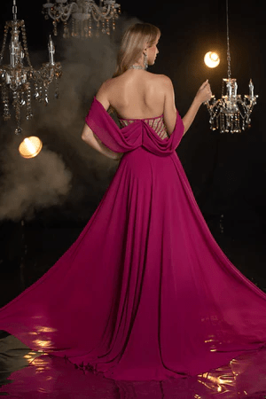 Gothic Fuchsia Sequin Evening Gown with Draped Cape and High Slit - Designer Sequin Gown and Glitter Dress Plus Size - WonderlandByLilian