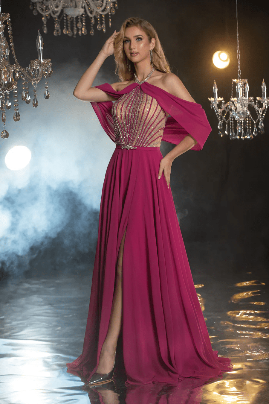 Gothic Fuchsia Sequin Evening Gown with Draped Cape and High Slit - Designer Sequin Gown and Glitter Dress Plus Size - WonderlandByLilian
