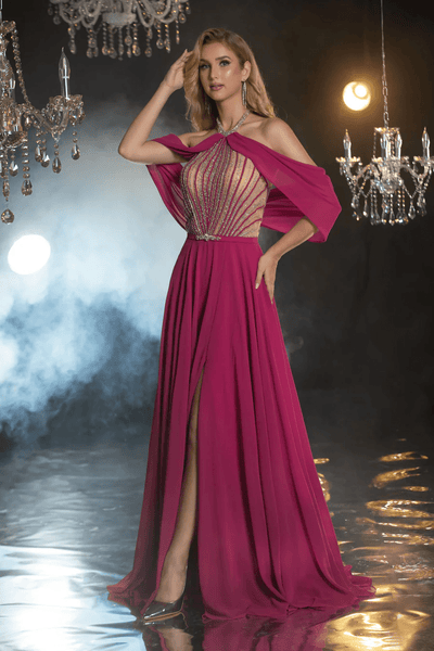 Gothic Fuchsia Sequin Evening Gown with Draped Cape and High Slit - Designer Sequin Gown and Glitter Dress Plus Size - WonderlandByLilian