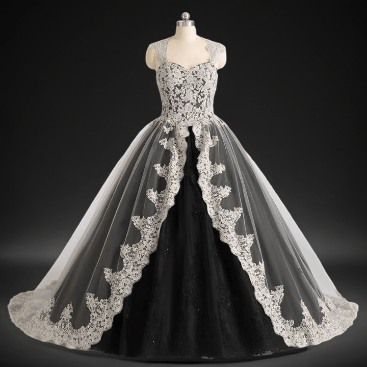 Gothic Gray And Black Ball Gown Wedding Dress With Gray Lace Overlay - WonderlandByLilian