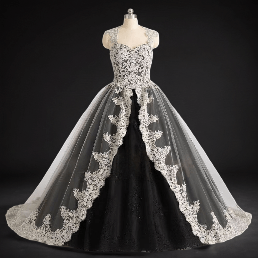 Gothic Gray And Black Ball Gown Wedding Dress With Gray Lace Overlay - WonderlandByLilian