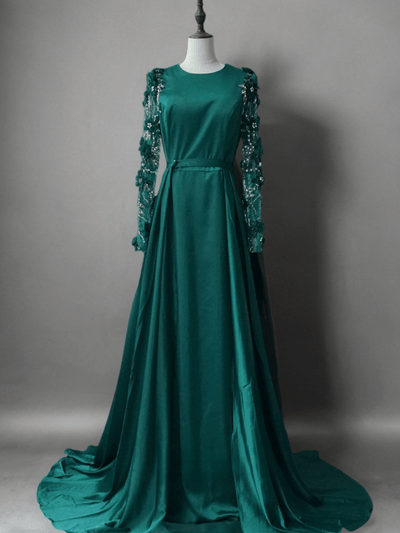 Gothic Green Satin Evening Gown with Floral Embellishments - Pretty Long Sleeve Dress Plus Size - WonderlandByLilian