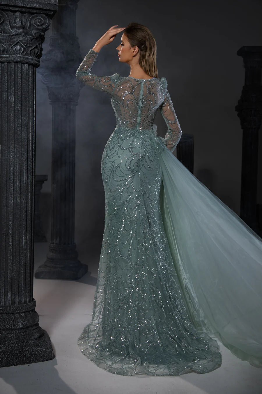 Gothic Green Sequin Evening Gown with Long Sheer Sleeves and Tulle Accent - Designer Sequin Gown and Glitter Dress Plus Size - WonderlandByLilian