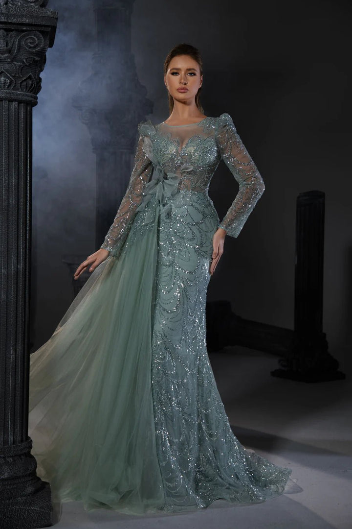 Gothic Green Sequin Evening Gown with Long Sheer Sleeves and Tulle Accent - Designer Sequin Gown and Glitter Dress Plus Size - WonderlandByLilian