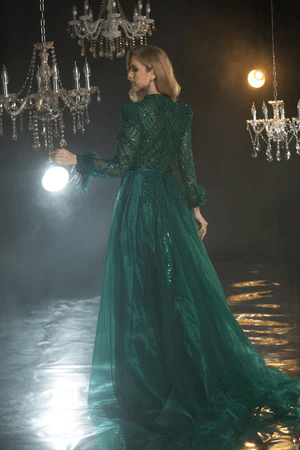 Gothic Green Sequin Evening Gown with Long Sleeves - Convertible Sequin and Feather Dress and Designer Sequin Gown Plus Size - WonderlandByLilian