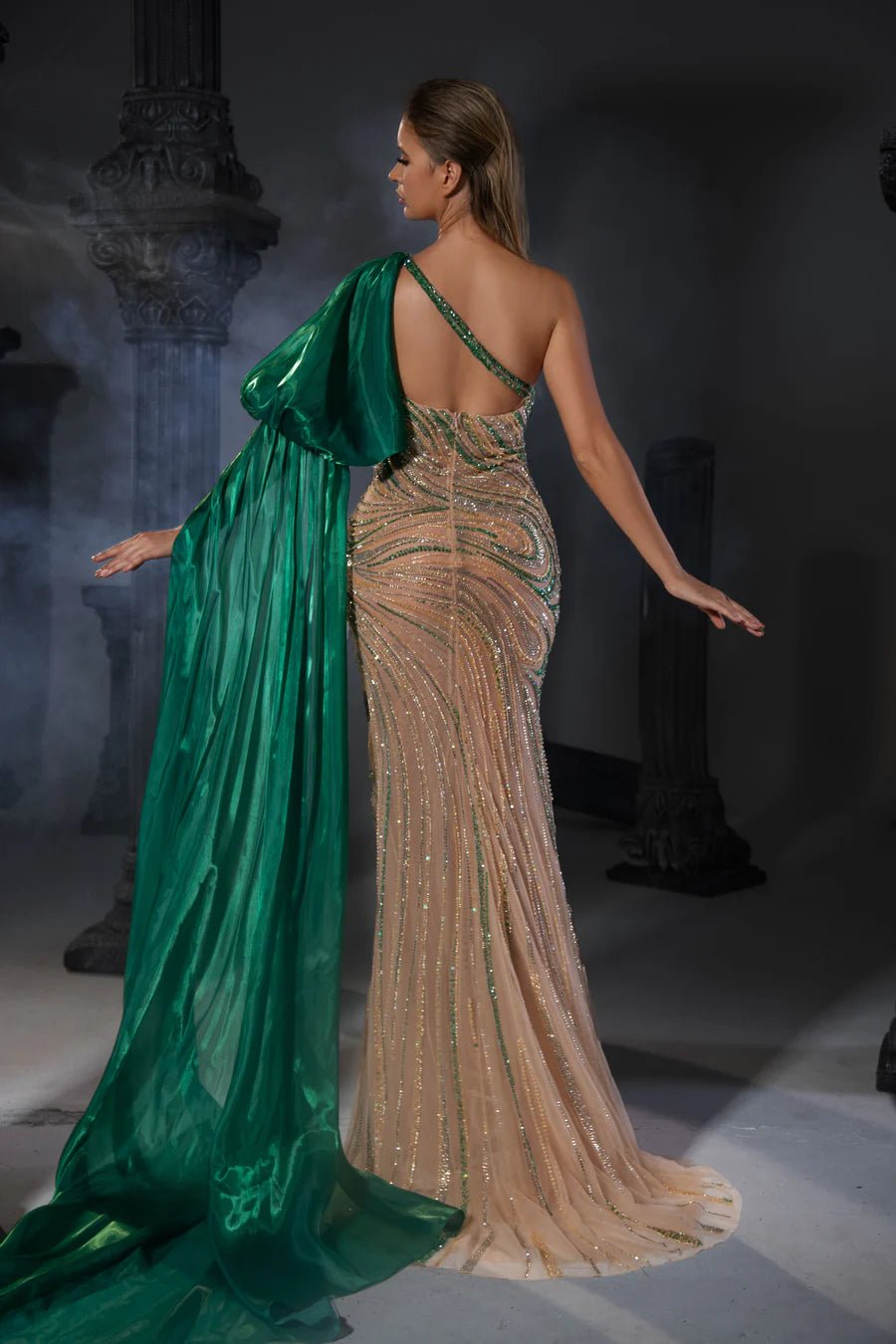 Gothic Green Sequin Evening Gown with Off-Shoulder Design and Tulle Overlay - Designer Sequin Gown and Glitter Dress Plus Size - WonderlandByLilian