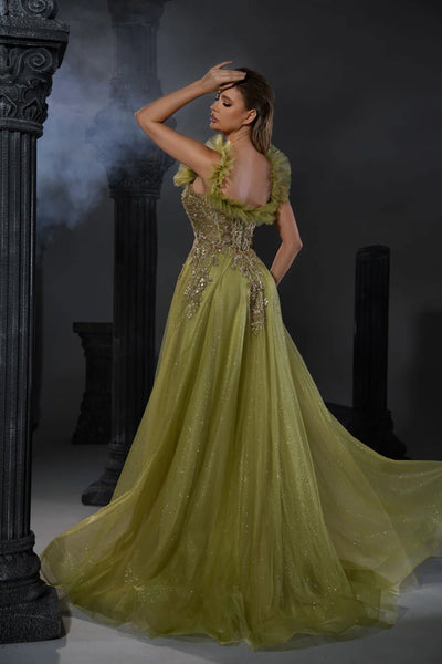 Gothic Green Sequin Evening Gown with Ruffled Off-Shoulder Design and High Slit - Designer Sequin Gown and Glitter Dress Plus Size - WonderlandByLilian