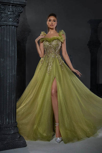 Gothic Green Sequin Evening Gown with Ruffled Off-Shoulder Design and High Slit - Designer Sequin Gown and Glitter Dress Plus Size - WonderlandByLilian