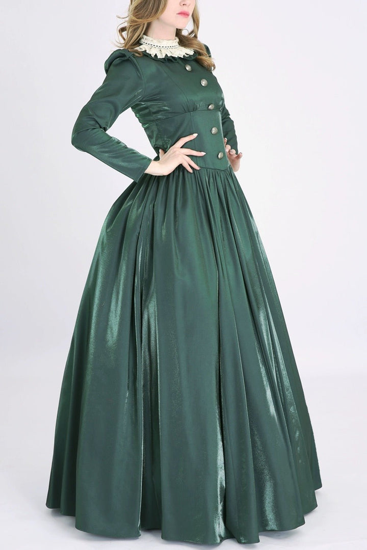 Gothic Green Victorian Ball Gown - Midieval Style Dress with Lace and Button Accents Plus Size - WonderlandByLilian