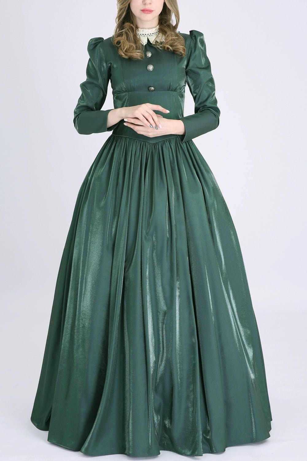 Gothic Green Victorian Ball Gown - Midieval Style Dress with Lace and Button Accents Plus Size - WonderlandByLilian