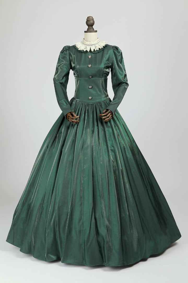 Gothic Green Victorian Ball Gown - Midieval Style Dress with Lace and Button Accents Plus Size - WonderlandByLilian