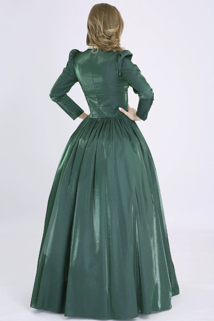 Gothic Green Victorian Ball Gown - Midieval Style Dress with Lace and Button Accents Plus Size - WonderlandByLilian