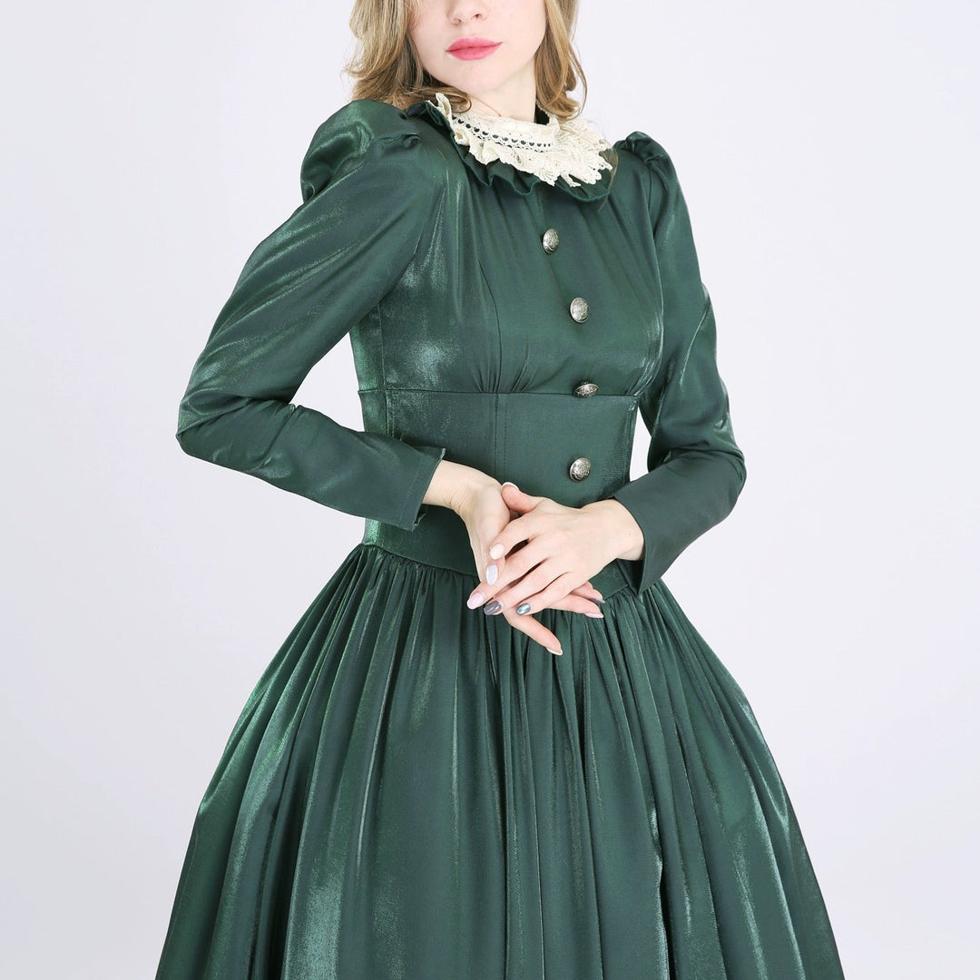 Gothic Green Victorian Ball Gown - Midieval Style Dress with Lace and Button Accents Plus Size - WonderlandByLilian