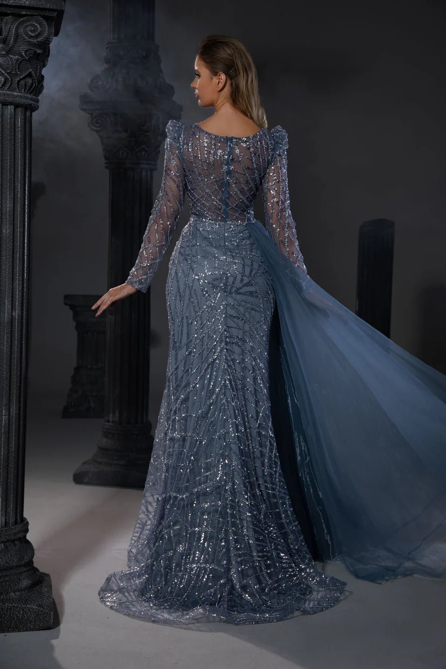 Gothic Grey Blue Sequin Evening Gown with Sheer Long Sleeves - Designer Sequin Gown and illusion Neckline Dress with Sleeves Plus Size - WonderlandByLilian