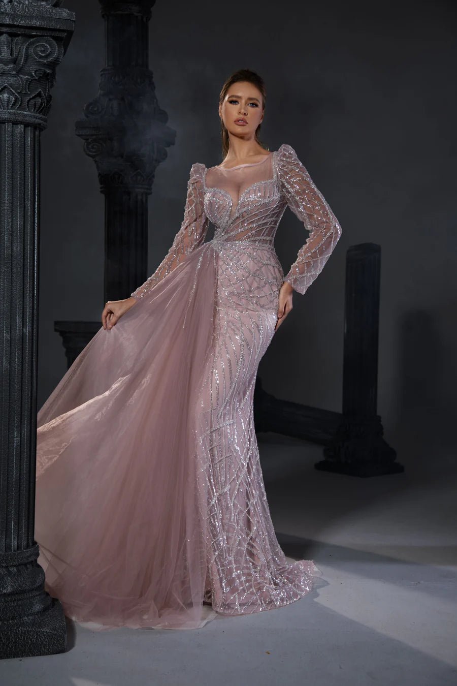 long sleeve grey evening dress Sparkly Grey Beading Sequins Evening Dresses 2022 A-Line / Princess Square Neckline Long Sleeve Backless Floor-Length / Long Prom Formal Dresses